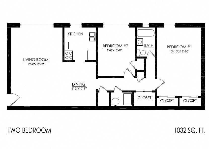 Floor plan for 2 beds, 1 bath, 1032 sqft